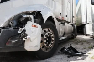 Closeup of the front of a damaged white truck after a vehicular accident.